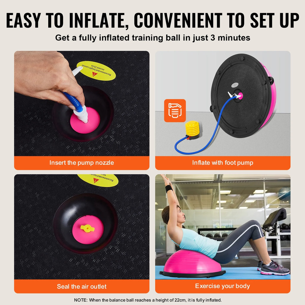 Half Balance Ball Trainer, 23-Inch Stability Ball with a 660Lbs Weight Limit, Includes Resistance Bands & Foot Pump for a Comprehensive Home Gym Experience, Ideal for Full Body Fitness, Pink