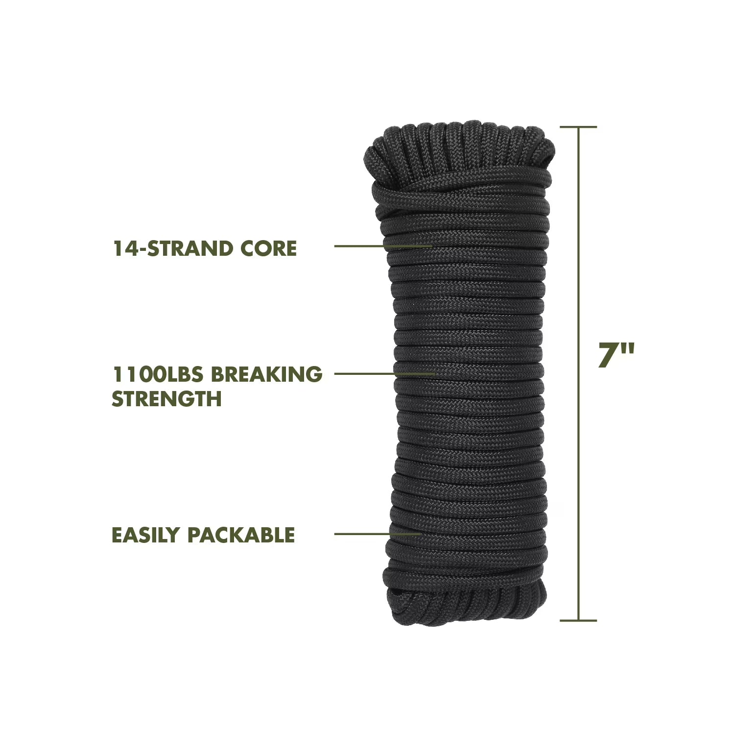 1100 Lb Polyester Paracord Rope, Black, 50'