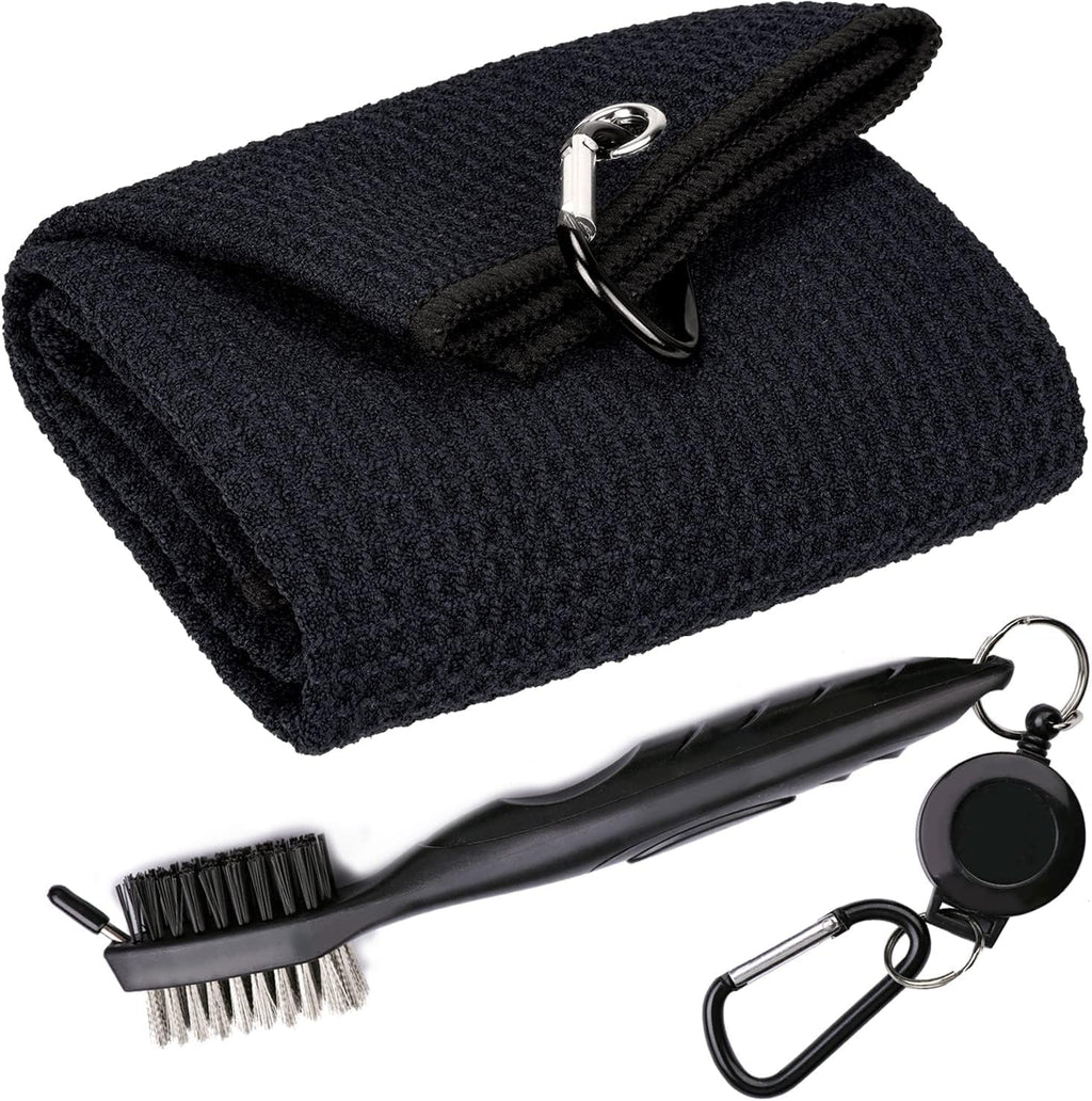 Golf Towels - Microfiber Waffle Pattern Tri-Fold, Brush Tool Kit with Club Groove Cleaner with Retractable Cord and Clip, for Men Women, Golf Gift