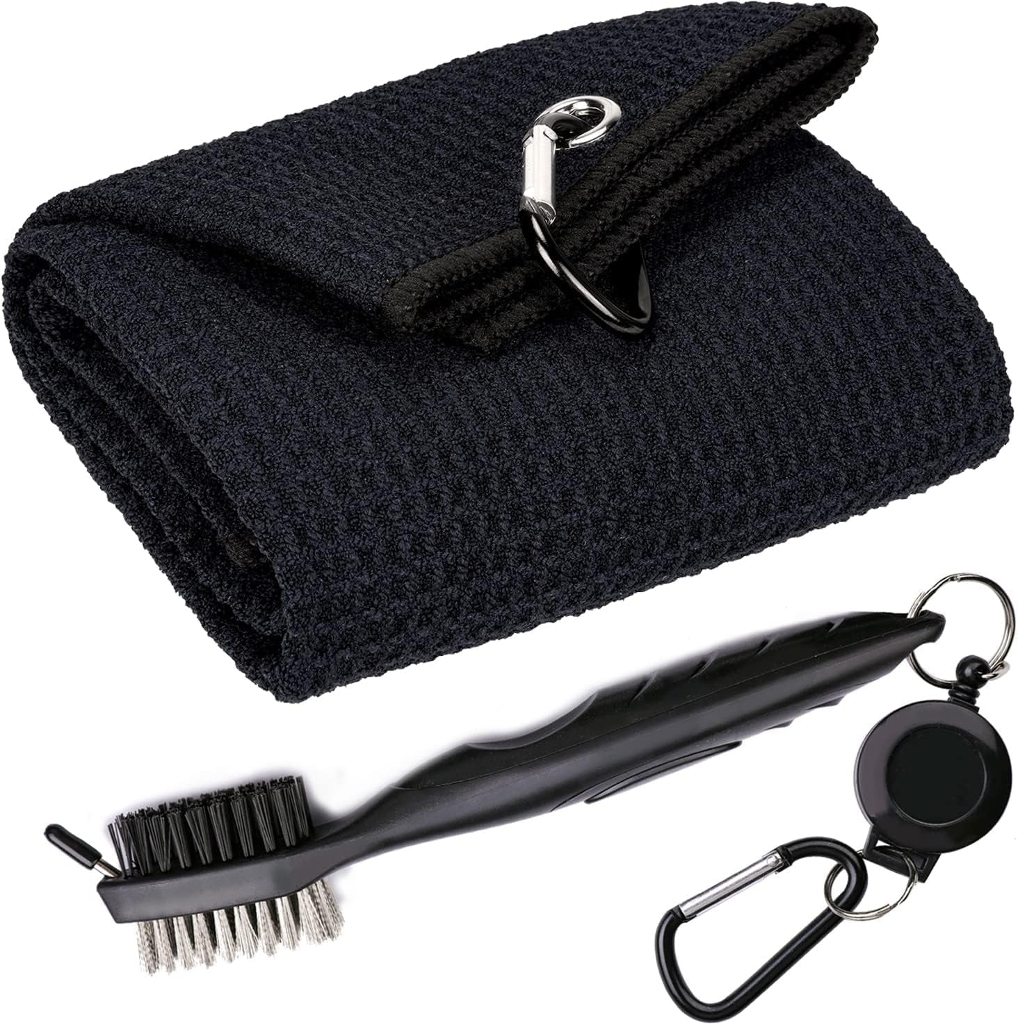 Golf Towels - Microfiber Waffle Pattern Tri-Fold, Brush Tool Kit with Club Groove Cleaner with Retractable Cord and Clip, for Men Women, Golf Gift