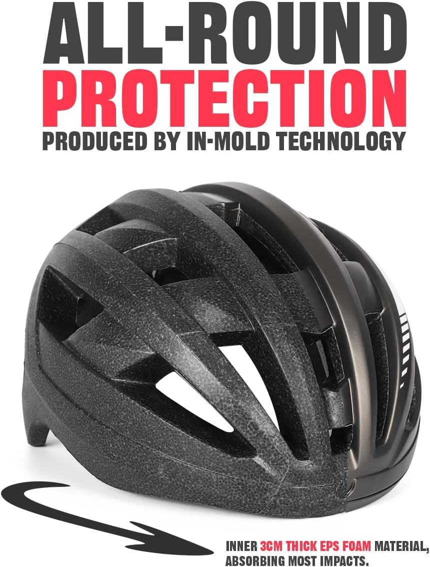 Bike Helmet with USB Rechargeable Rear Light Detachable Magnetic Goggles Removable Sun Visor Mountain & Road Bicycle Helmets for Men Women Adult Cycling Helmets