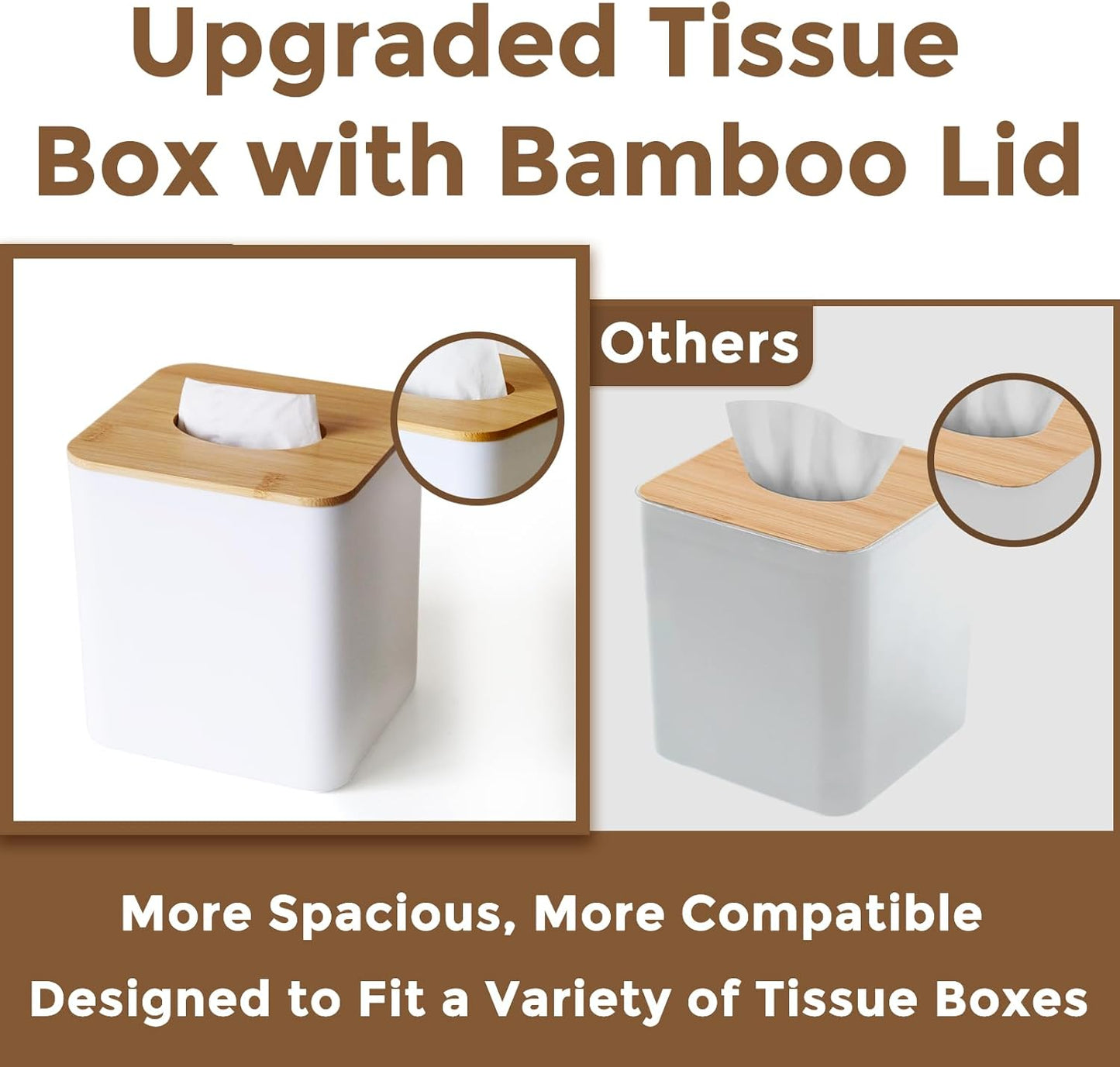White Tissue Box Cover, Square Tissue Box Holder with Bamboo Cover Plate, Cube Tissue Box Cover for Desk Accessories, Decorative Tissue Box Tissue Holder for Bathroom Office