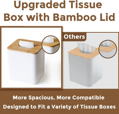 White Tissue Box Cover, Square Tissue Box Holder with Bamboo Cover Plate, Cube Tissue Box Cover for Desk Accessories, Decorative Tissue Box Tissue Holder for Bathroom Office